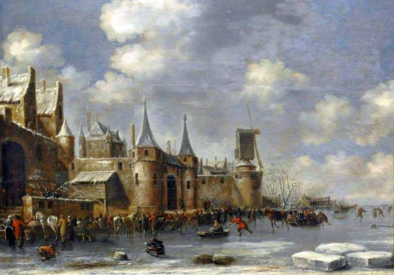 Thomas Hovenden Skaters outside city walls Germany oil painting art